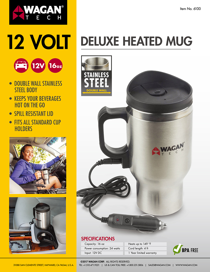 Wagan 12 Volt Deluxe Double Wall Stainless Steel Heated Travel Mug